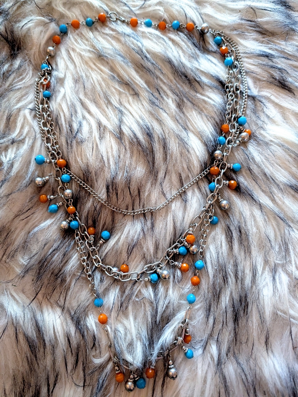 Layered Silver Necklace with Turquoise and Orange Beads